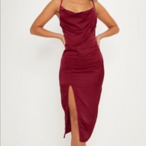 Burgundy Strappy Satin Cowl Midi Dress